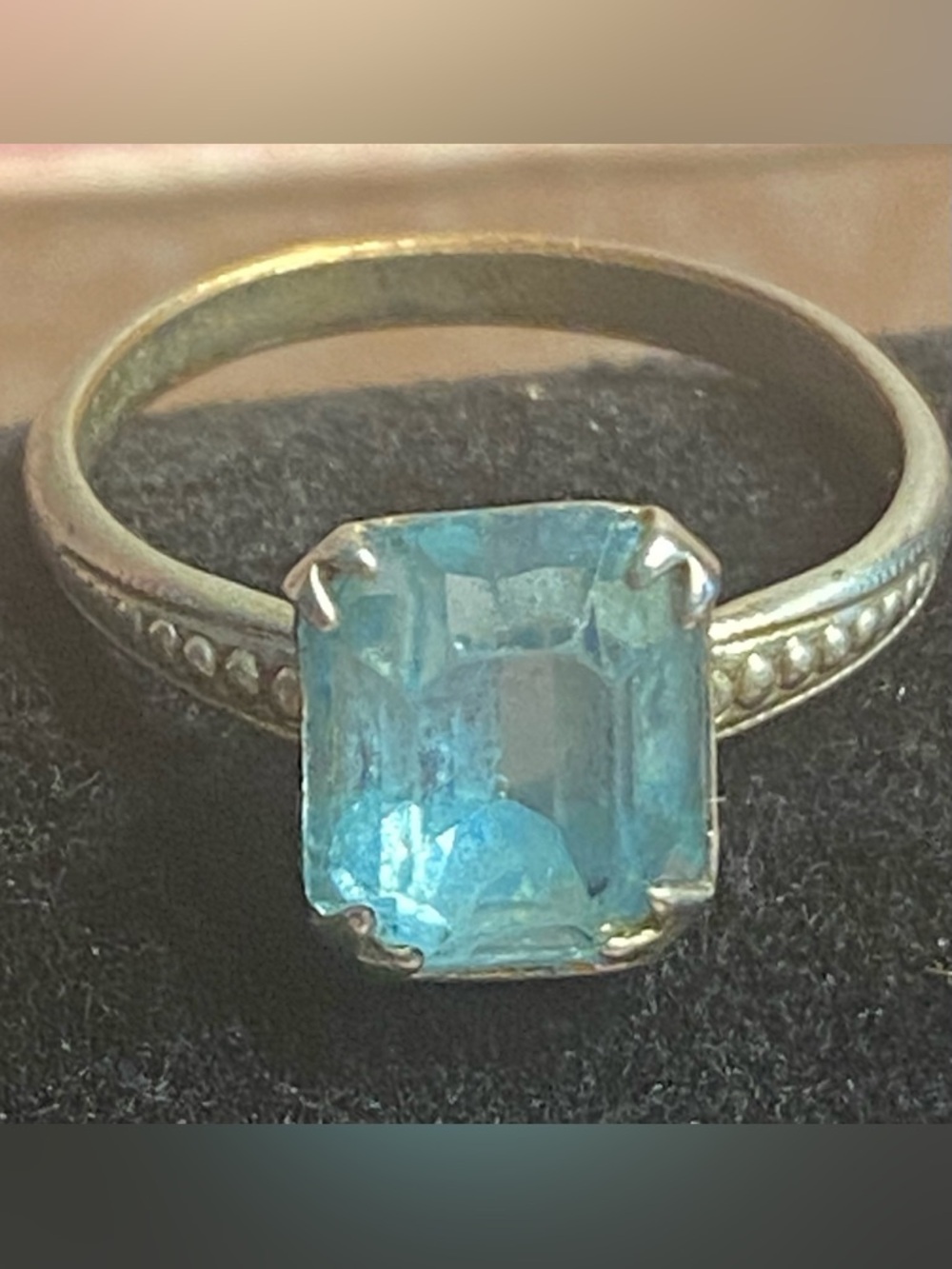 Vintage Uncas Art Deco Blue Emerald Cut Solitaire Ring Size 7 Moody Dark Patina